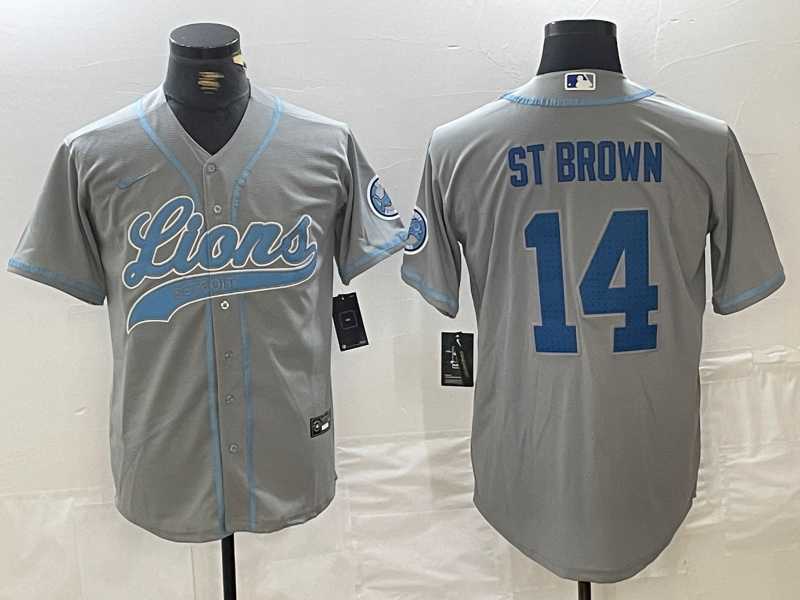 Men's Detroit Lions #14 Amon-Ra St. Brown Gray Cool Base Stitched Baseball Jerseys,We sell and wholesale Men's Detroit Lions #14 Amon-Ra St. Brown Gray Cool Base Stitched Baseball Jerseys on line form chian!